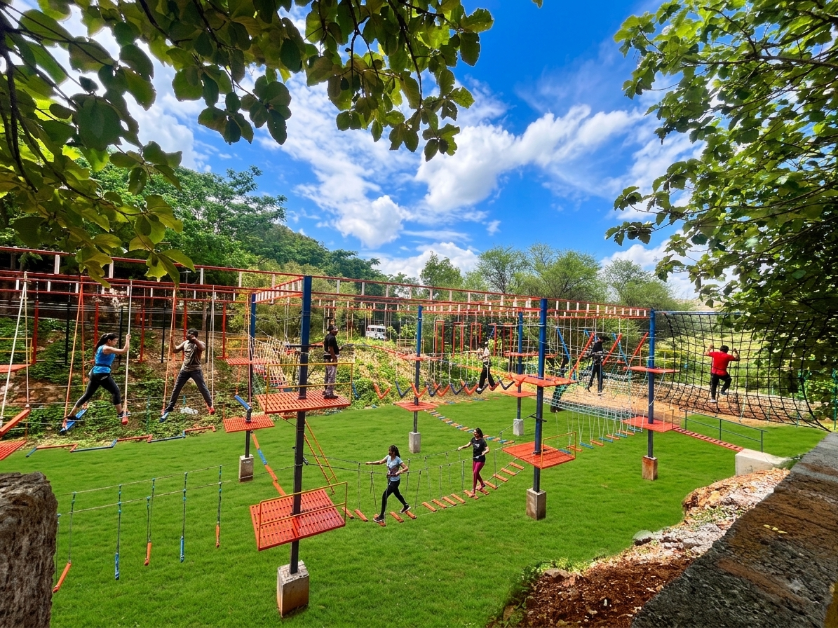 Full view of the rope and high-rope course at Ayu In The Hills