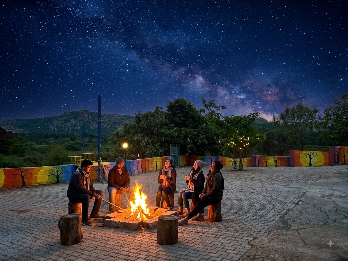 Guests gathered around the campfire under a starry sky at Ayu In The Hills
