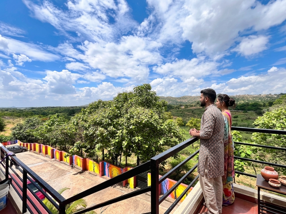 Couple taking in the mountain view from a balcony