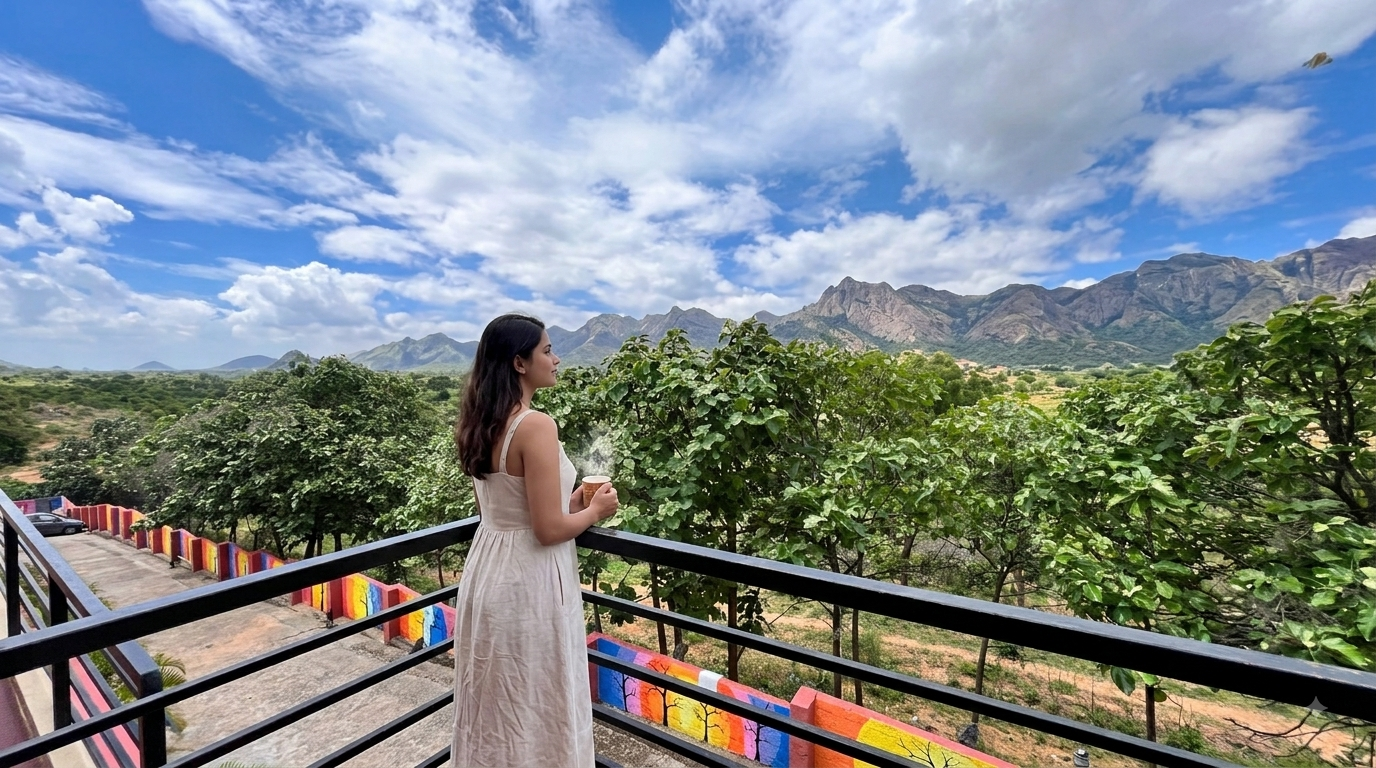 Morning coffee on a balcony overlooking the hills at Ayu In The Hills, Doddaballapura
